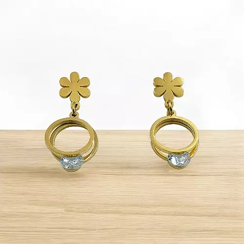 Modern Gold Stainless Steel Anti Tarnish Flower Dangle Earrings with Sparkling Gem