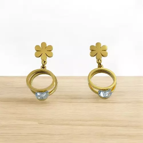 Modern Gold Stainless Steel Anti Tarnish Flower Dangle Earrings with Sparkling Gem