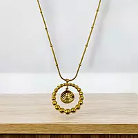 Gold-Tone Beaded Ring Necklace with Seashell Charm - Stainless Steel