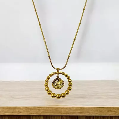 Gold-Tone Beaded Ring Necklace with Seashell Charm - Stainless Steel