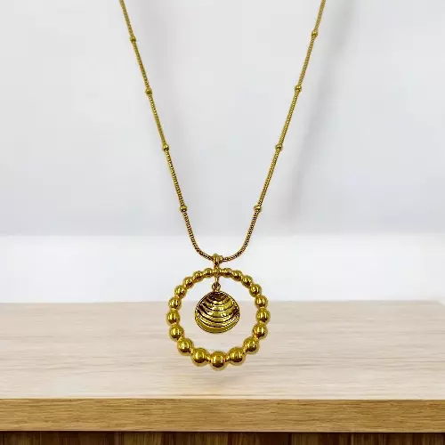 Gold-Tone Beaded Ring Necklace with Seashell Charm - Stainless Steel
