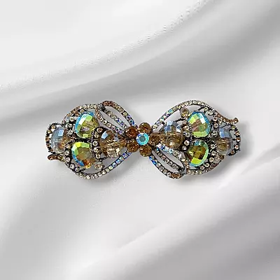 Amber & Teal Crystal Bow Hair Barrette - Elegant Gemstone Hair Clip