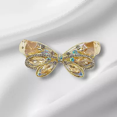 Gold Amber Crystal Butterfly Hair Barrette Clip