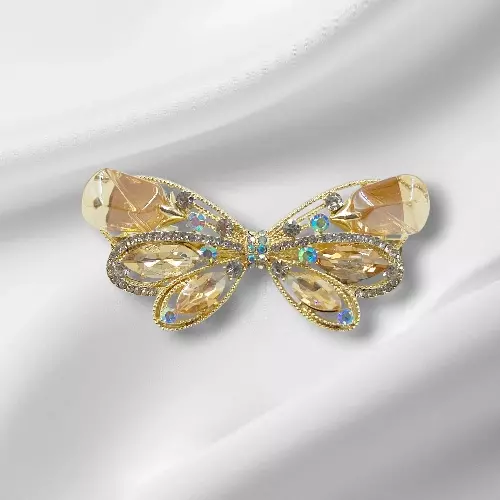 Gold Amber Crystal Butterfly Hair Barrette Clip