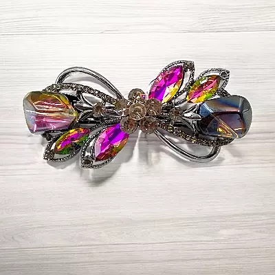 Elegant Pink Crystal Barrette - Gunmetal Butterfly Hair Clip