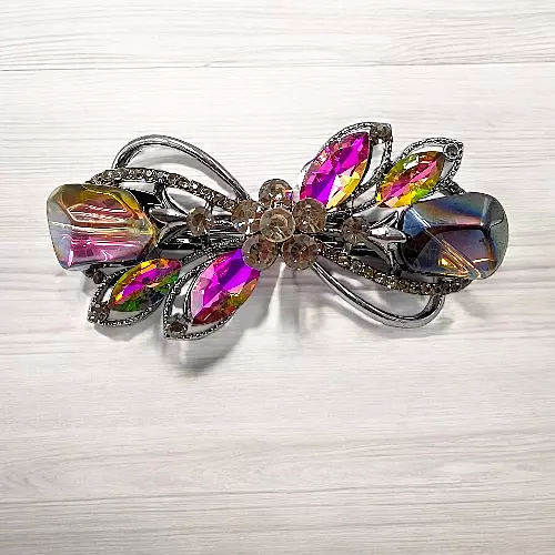 Elegant Pink Crystal Barrette - Gunmetal Butterfly Hair Clip