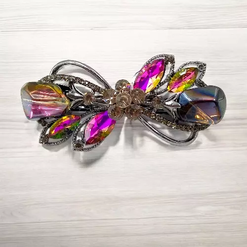 Elegant Pink Crystal Barrette - Gunmetal Butterfly Hair Clip