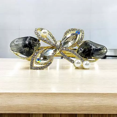 Elegant Dragonfly Barrette: Smoky Crystal & Black Gemstone Hair Clip