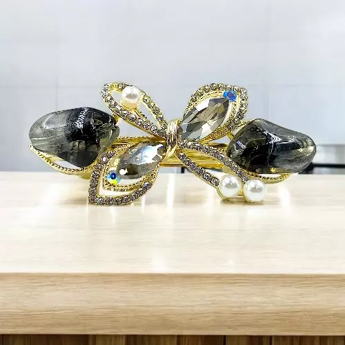 Elegant Dragonfly Barrette: Smoky Crystal & Black Gemstone Hair Clip