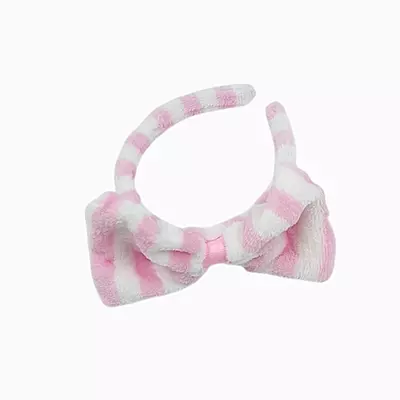 Baby Pink Striped Plush Bow Headband - Soft Spa Hair Band