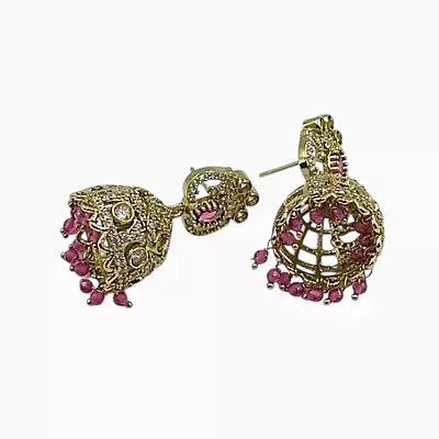 Gold-Plated CZ Jhumka Earrings with PInk Bead Droplets