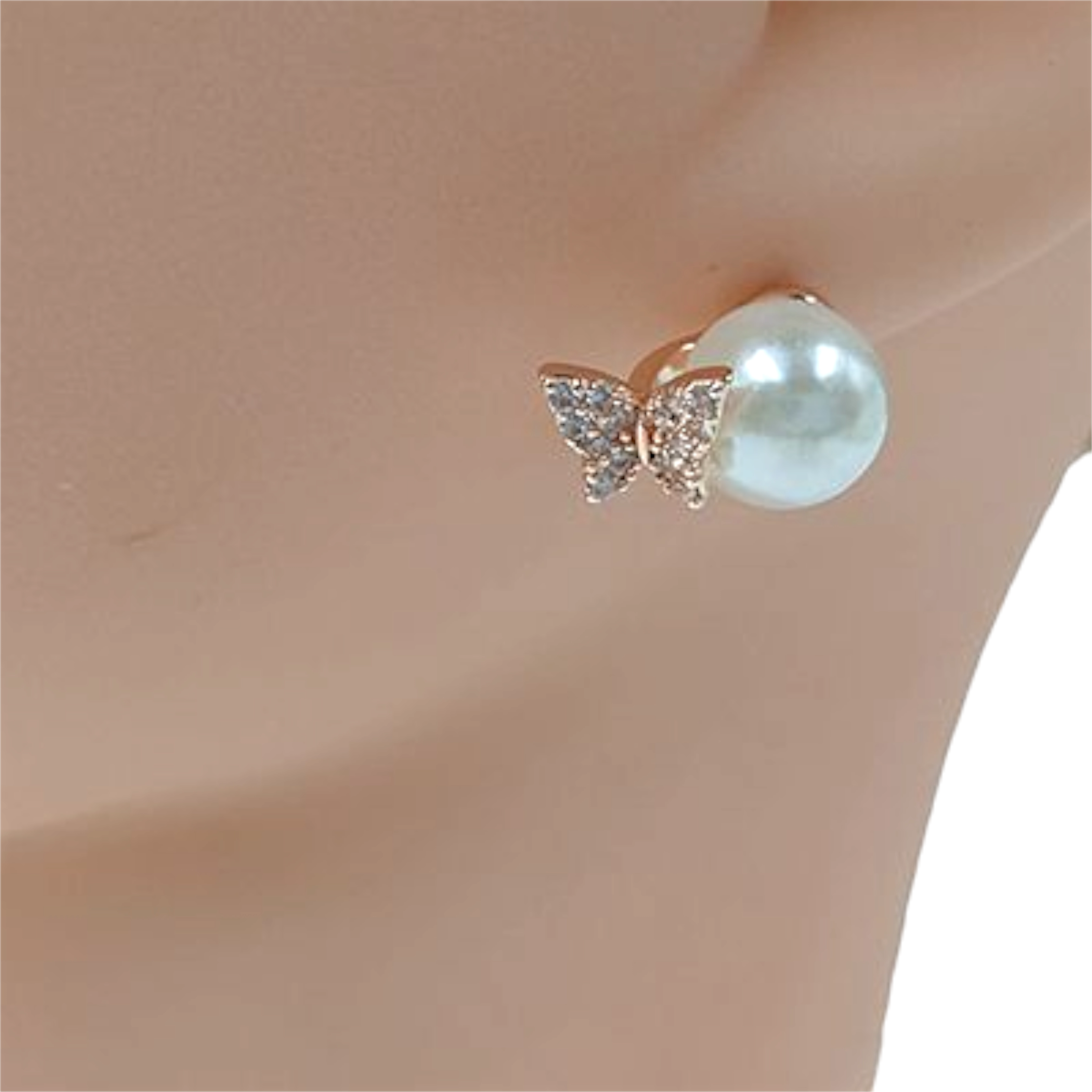 Elegant Pearl & Pave CZ Butterfly Stud Earrings