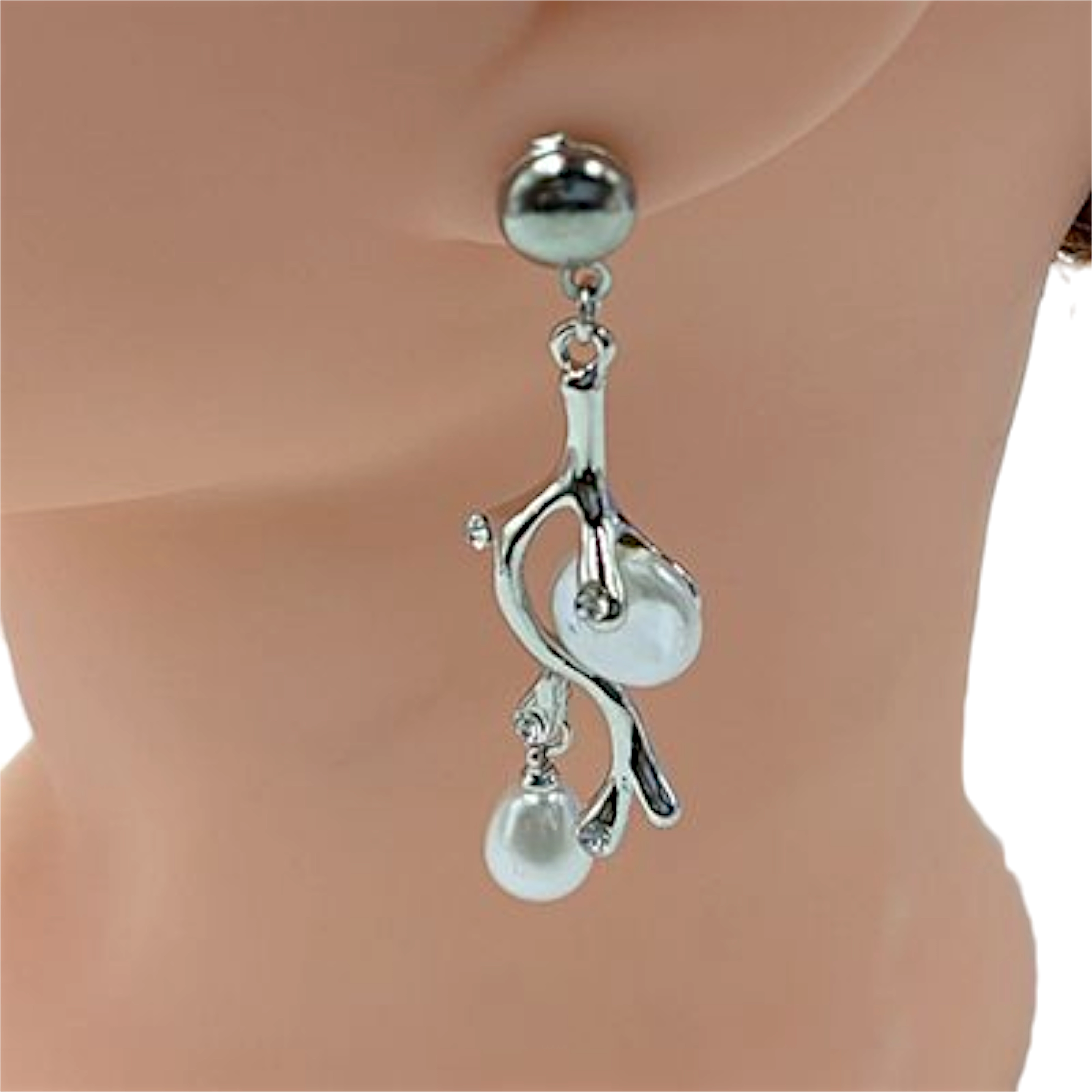 Unique Organic Designed Elegant Branch & Pearl Drop Earrings