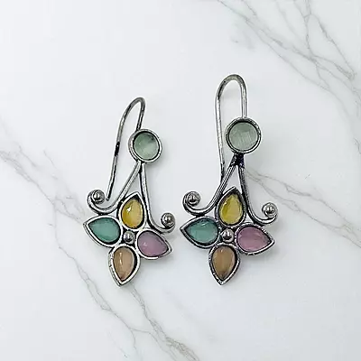 Colorful Gemstone Chandelier Earrings - Silver-Toned Floral Drop Earrings
