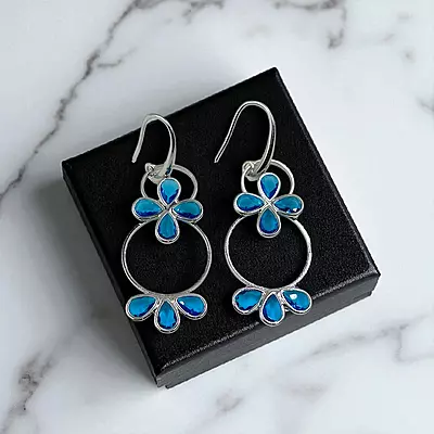 Royal Blue Floral Hoop Earrings - Silver-Toned Statement Dangle Earrings
