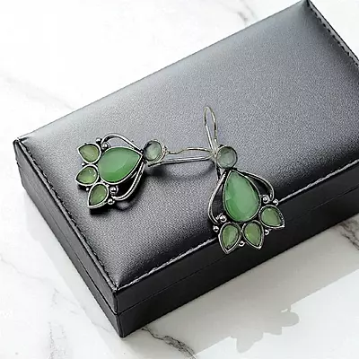 Green Gemstone Dangle Earrings - German Silver Floral Earrings