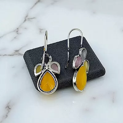 Yellow & Pink Multi-Stone German Silver Dangle Drop Earrings