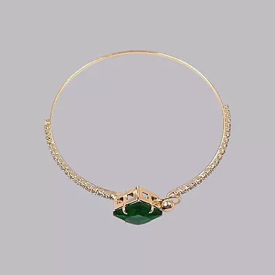 Green Square Stone & Diamond Studded Gold-Toned Bangle Bracelet | Adjustable Fashion Jewelry