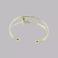 Elegant Blue Dragonfly Gold-Plated Double Cuff Bracelet with Zircon Stones