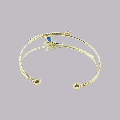 Elegant Blue Dragonfly Gold-Plated Double Cuff Bracelet with Zircon Stones