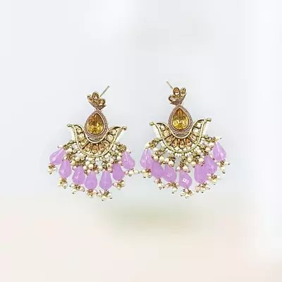 Ethnic Kundan & Bead Chandelier Earrings | Lavender Drops | Traditional Jhumka Style