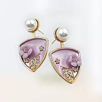Chic Lavender Enamel Floral & Pearl Drop Earrings | Purple Shield Dangle