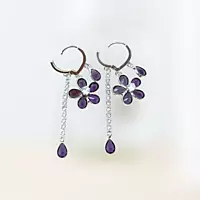 Lavender Diamond Flower Drop Earrings - Long Dangle Statement Jewelry