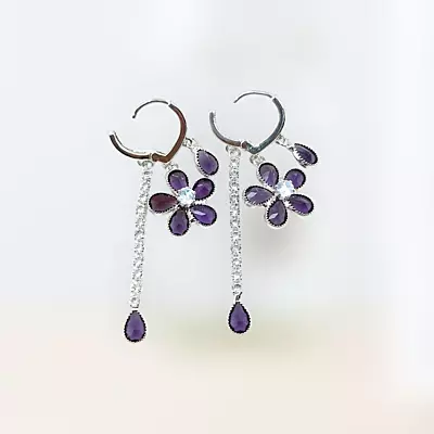 Lavender Diamond Flower Drop Earrings - Long Dangle Statement Jewelry