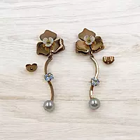 Elegant Rose Gold Flower Drop Earrings with Crystal & Gray Pearl