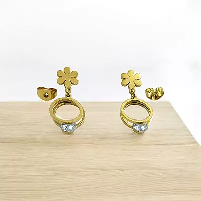 Modern Gold Stainless Steel Anti Tarnish Flower Dangle Earrings with Sparkling Gem