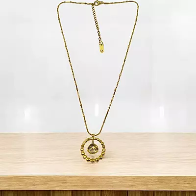 Gold-Tone Beaded Ring Necklace with Seashell Charm - Stainless Steel