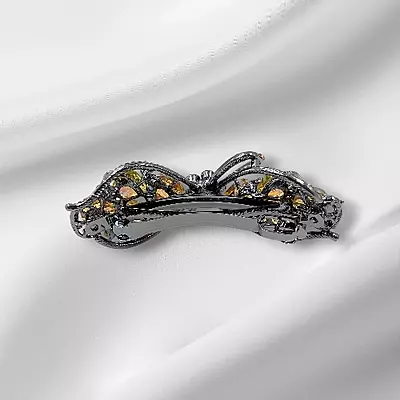 Amber & Teal Crystal Bow Hair Barrette - Elegant Gemstone Hair Clip