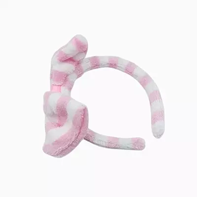 Baby Pink Striped Plush Bow Headband - Soft Spa Hair Band