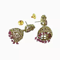Gold-Plated CZ Jhumka Earrings with PInk Bead Droplets