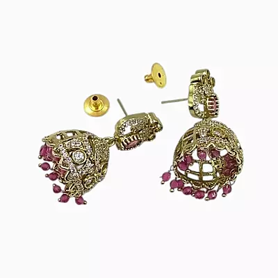 Gold-Plated CZ Jhumka Earrings with PInk Bead Droplets
