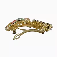 Colorful Crystal Leaf Hair Barrette - Elegant Gold Finish