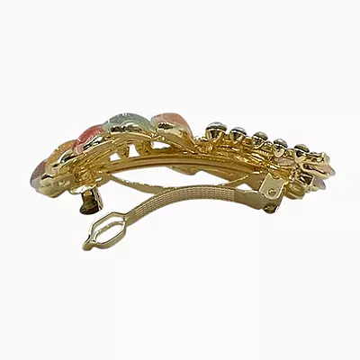 Colorful Crystal Leaf Hair Barrette - Elegant Gold Finish