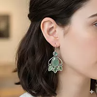 Green Gemstone Dangle Earrings - German Silver Floral Earrings