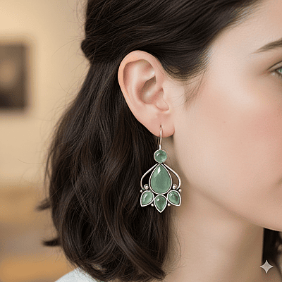 Green Gemstone Dangle Earrings - German Silver Floral Earrings