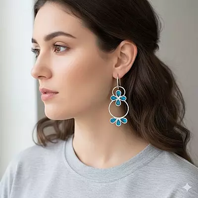 Royal Blue Floral Hoop Earrings - Silver-Toned Statement Dangle Earrings