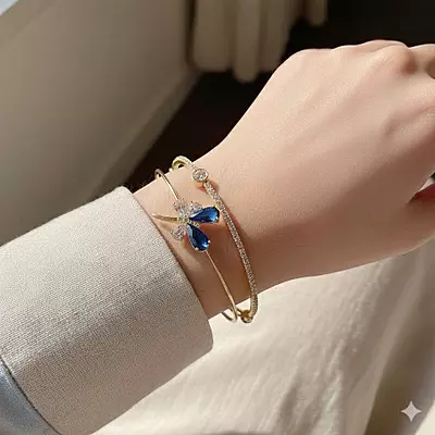 Elegant Blue Dragonfly Gold-Plated Double Cuff Bracelet with Zircon Stones