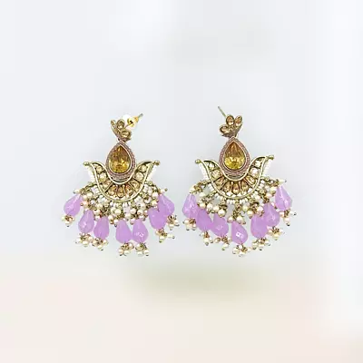 Ethnic Kundan & Bead Chandelier Earrings | Lavender Drops | Traditional Jhumka Style