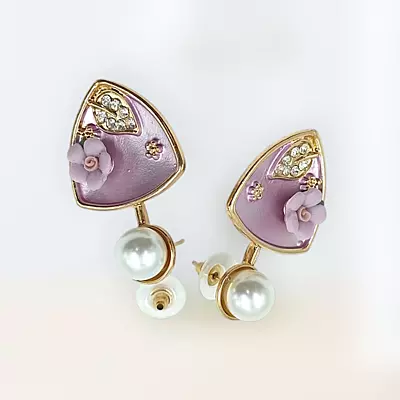 Chic Lavender Enamel Floral & Pearl Drop Earrings | Purple Shield Dangle