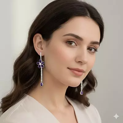 Lavender Diamond Flower Drop Earrings - Long Dangle Statement Jewelry