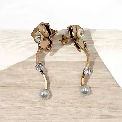Elegant Rose Gold Flower Drop Earrings with Crystal & Gray Pearl