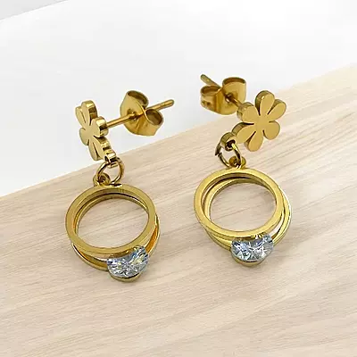 Modern Gold Stainless Steel Anti Tarnish Flower Dangle Earrings with Sparkling Gem