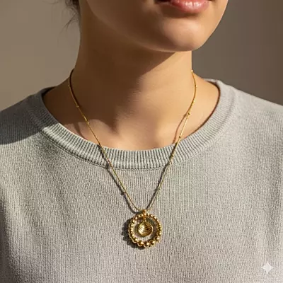 Gold-Tone Beaded Ring Necklace with Seashell Charm - Stainless Steel