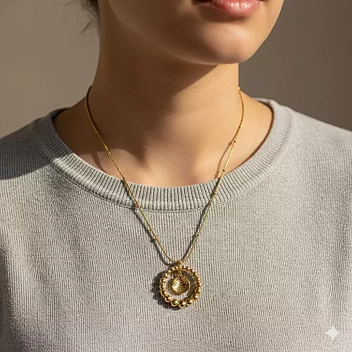 Gold-Tone Beaded Ring Necklace with Seashell Charm - Stainless Steel