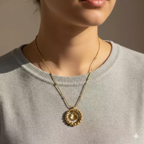 Gold-Tone Beaded Ring Necklace with Seashell Charm - Stainless Steel
