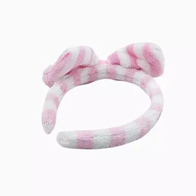 Baby Pink Striped Plush Bow Headband - Soft Spa Hair Band
